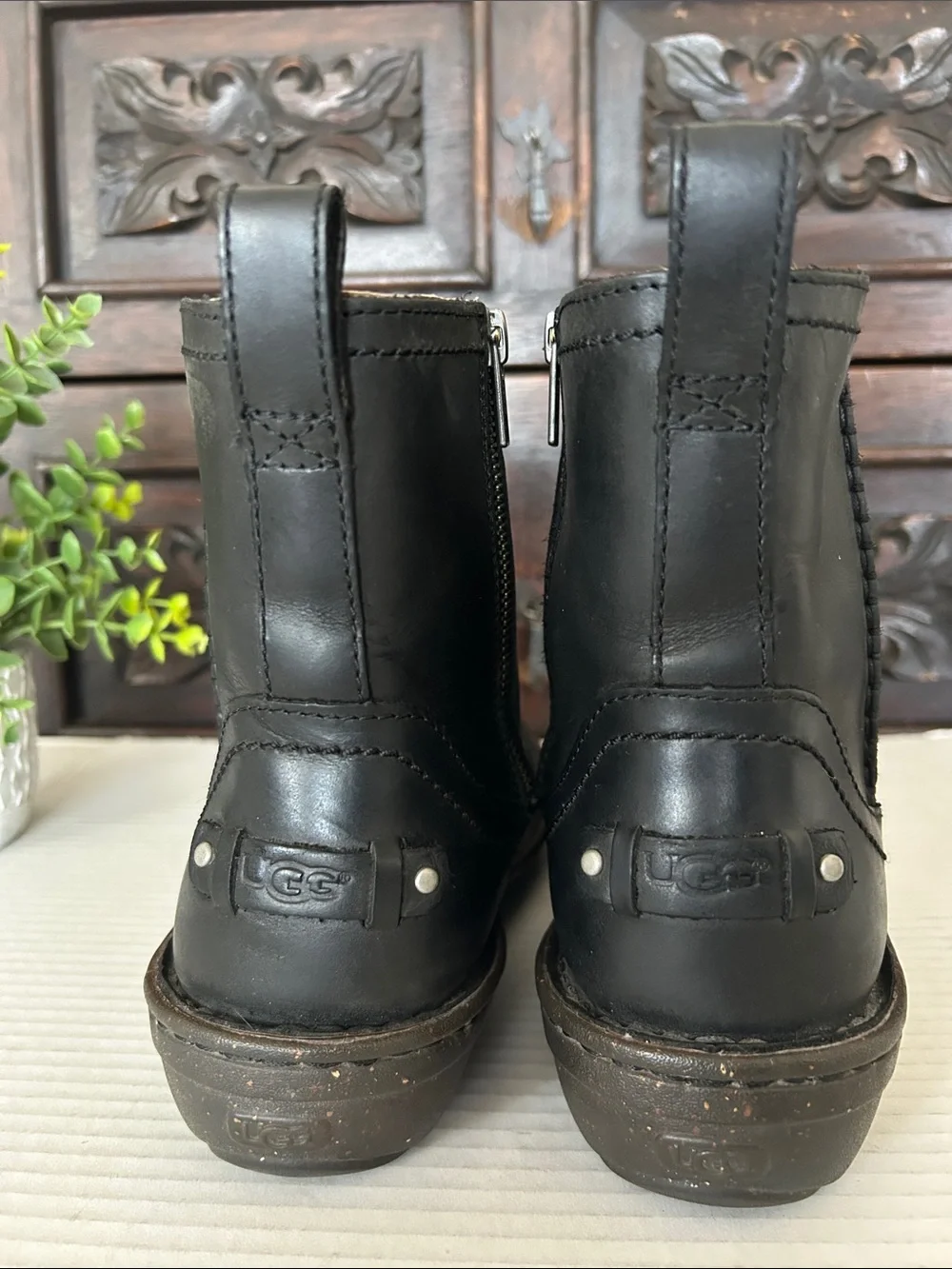 UGG Black Leather Pull-On Ankle Boots